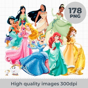 Princess 178 PNG Bundle, Princess Clipart Instant Download, Birthday, Moana, Frozen, Snow White, sleeping Beauty, Aurora, Jazmin