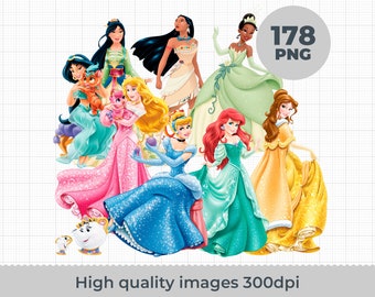 Paquete Princess 178 PNG, Descarga instantánea de Princess Clipart, Cumpleaños, Moana, Frozen, Blancanieves, Bella Durmiente, Aurora, Jazmin