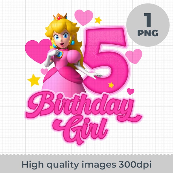 Princess Peach 5th birthday Png, Super mario t-shirts designs, Princess Peach birthday designs png, Printable Princess Peach Png.