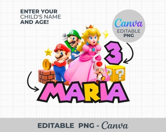 EDITABLE Mario PNG, Mario Birthday png, Super Mario Bros Clipart, Mario Name Age PNG, Mario Characters png for shirt, cake topper, birthday
