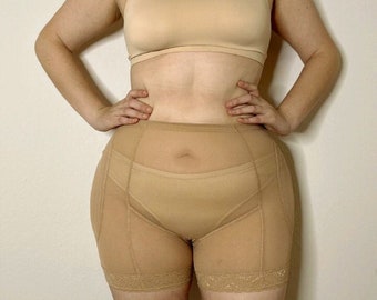 Plus Size Beige Compression Panty Hip Enhancer & Butt Lifter Padded BBL Shaper Shorts with Snaps | Hip Dip Eraser Hourglass Shapewear