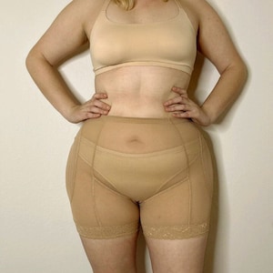 Plus Size Beige Compression Panty Hip Enhancer & Butt Lifter Padded BBL Shaper Shorts with Snaps | Hip Dip Eraser Hourglass Shapewear