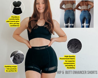 Breathable Black Sheer Mesh Compression Hip & Butt Enhancer Shorts with Removable Pads with Snaps | Curve Sculpting Hourglass Body Shaper