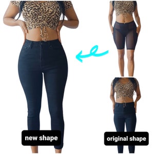 Woman with straight hips and divots shows her original shape then reveals new curvy hourglass figure with padded brazilian butt lift lingerie
