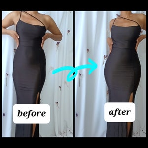 May include: A side-by-side comparison shows a black dress before and after. The dress is a sleek, form-fitting gown with a single shoulder strap and a thigh-high slit. The word "before" is in a white box on the left, and "after" is in a white box on the right.