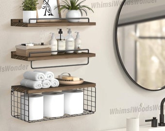 Handmade Set of 3 Wood Bathroom Shelves With Basket | Floating Shelves | Wall Shelves | Rustic Shelves | Kitchen Shelves | Bathroom Storage