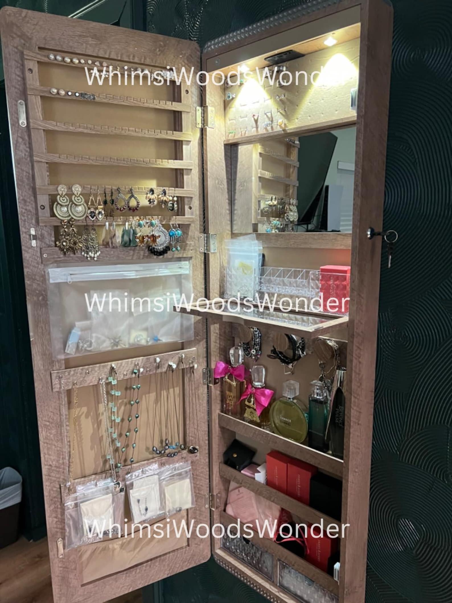 Wall Mounted Wooden Jewelry Armoire With Mirror | Jewelry Organizer