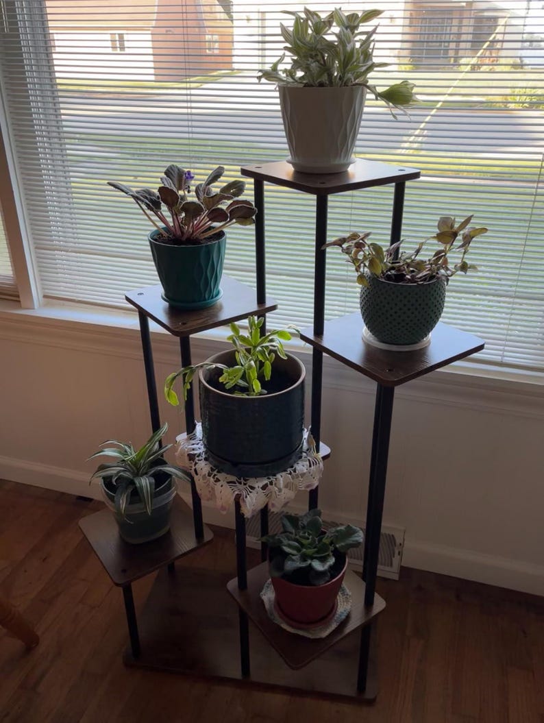 May include: A black metal plant stand with five wooden shelves, each holding a potted plant. The plants include a green leafy plant, a purple flowering plant, a green succulent, a green plant with a blue pot, and a green plant with a red pot.