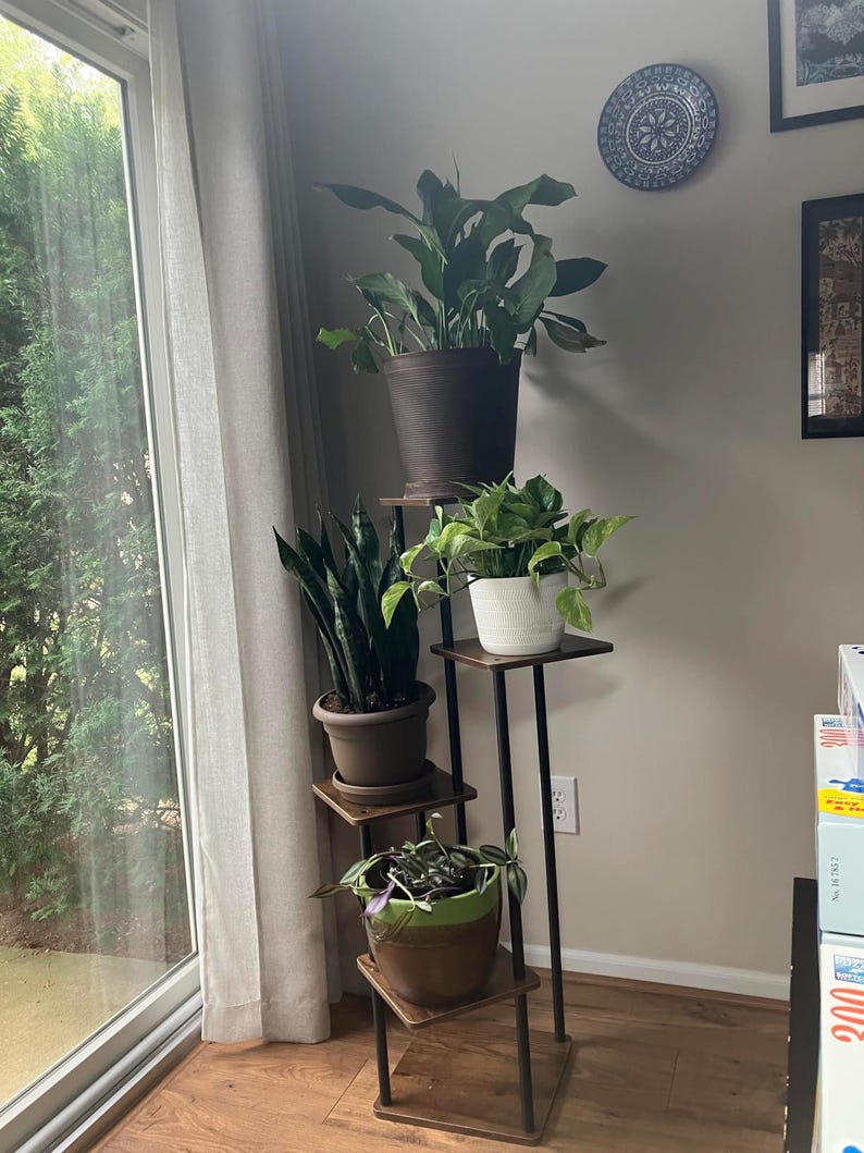 May include: A black metal plant stand with four wooden shelves, holding four potted plants. The stand is in a corner of a room with white walls and a window in the background.