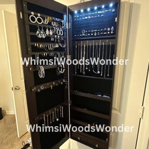 Wall Mounted Wood Jewelry Armoire With Full Length Mirror & 6 LEDS | Jewelry Cabinet | Jewlery Holder | Earring Display | Gift For Her