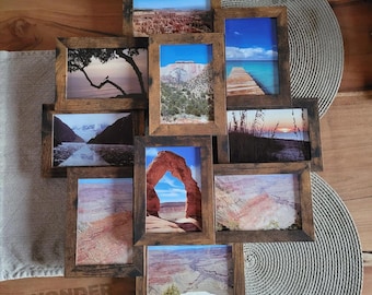 May include: A rustic wood picture frame collage with nine individual frames, each displaying a different landscape photograph. The frames are arranged in a unique pattern, creating a visually appealing display. The photographs feature various natural scenes, including mountains, canyons, and water.