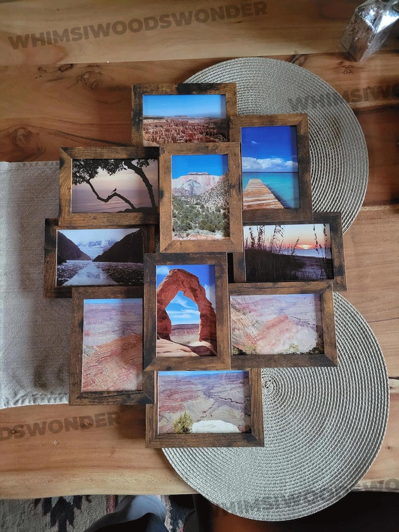 May include: A rustic wood picture frame collage with nine individual frames, each displaying a different landscape photograph. The frames are arranged in a unique pattern, creating a visually appealing display. The photographs feature various natural scenes, including mountains, canyons, and water.