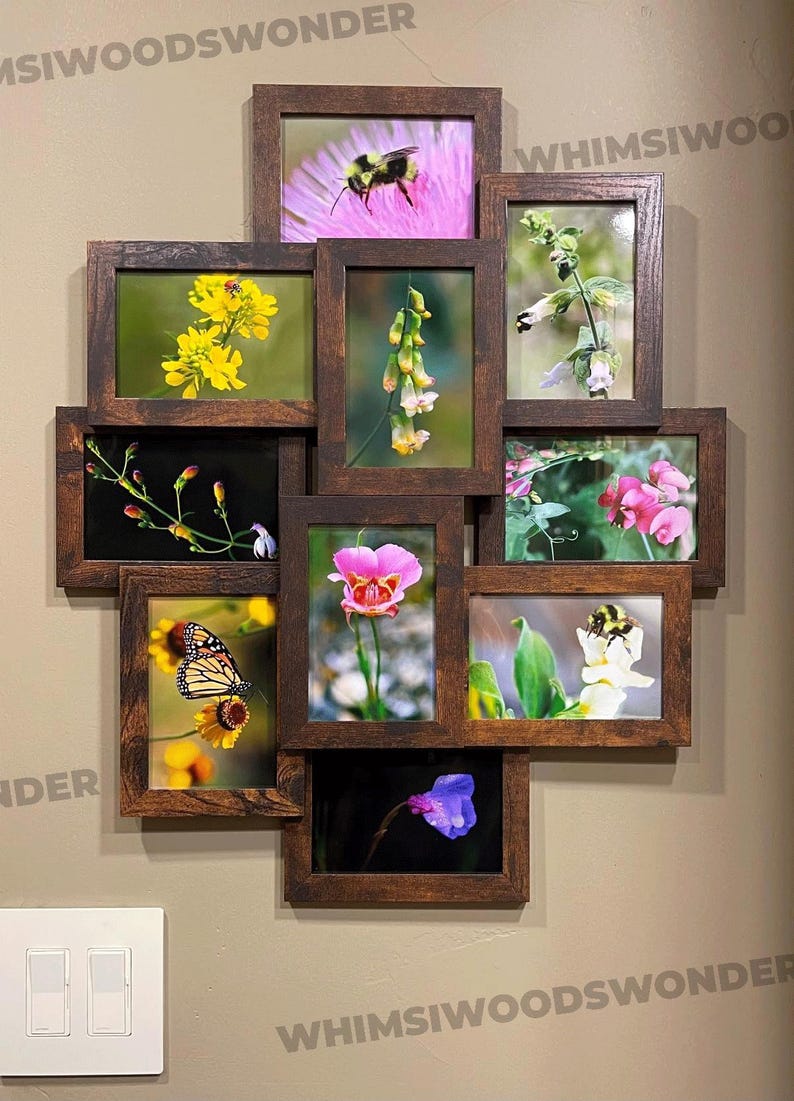 May include: A collage of nine framed photographs featuring various flowers and insects. The frames are brown wood with a distressed finish. The photos are arranged in a random pattern. The text "WHIMSIIWOODSWONDER" is visible at the bottom of the image.