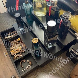 3 Tier Countertop Wooden Cologne Organizer With Drawer | Perfume Dresser Organizer | Makeup Organizer | Makeup Holder | Mens Jewelry Box