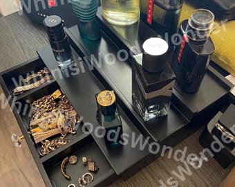 Organiseur d'eau de Cologne en bois à 3 niveaux avec tiroir | Organisateur de commode de parfum | Organisateur de maquillage | Support de maquillage | Boîte à bijoux homme
