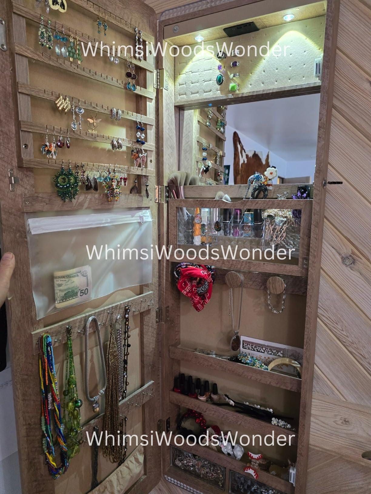 Wall Mounted Wooden Jewelry Armoire With Mirror | Jewelry Organizer