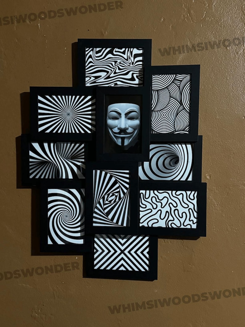 May include: A black picture frame collage with nine individual frames. Each frame contains a different black and white optical illusion design. The center frame features a white mask with a black design.
