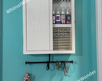 Wooden Wall Mounted Jewelry Organizer with Cabinet | Wall Jewelry Holder | Earring Display | Necklace Organizer | Jewelry Storage