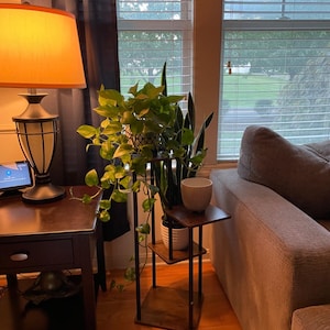 May include: A wooden plant stand with three shelves, holding two potted plants. The stand is in a living room setting, next to a couch and a side table with a lamp.