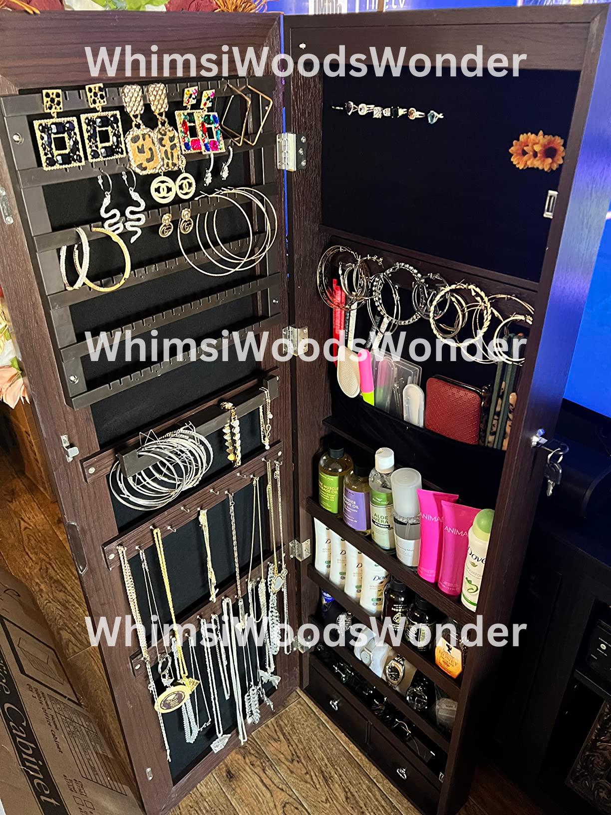 Wall Mounted Wood Jewelry Armoire With Full Length Mirror & 6 LEDS