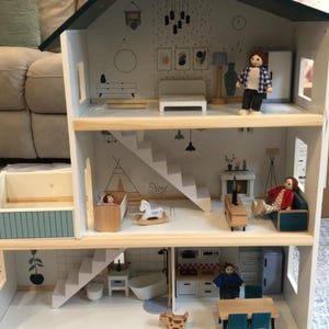 Kids Wooden Dollhouse with Furniture |  Handmade Dollhouse | Dollhouse Miniatures | Modern Dollhouse | Dollhouse Furniture | Gift for Kids