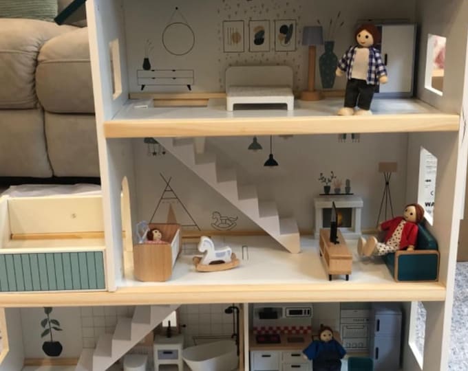 Kids Wooden Dollhouse with Furniture |  Handmade Dollhouse | Dollhouse Miniatures | Modern Dollhouse | Dollhouse Furniture | Gift for Kids