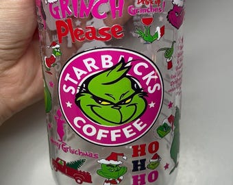 Vaso de cristal navideño de 473 ml (16 oz) con tapa y pajita, tipo lata de cerveza, con tapa acrílica.