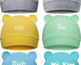 Nón Em Bé với Tên - Personalized Baby Hat with Bear Ears - Boy Girl Hats Beanie - Announcement Outfit - Hospital announcement