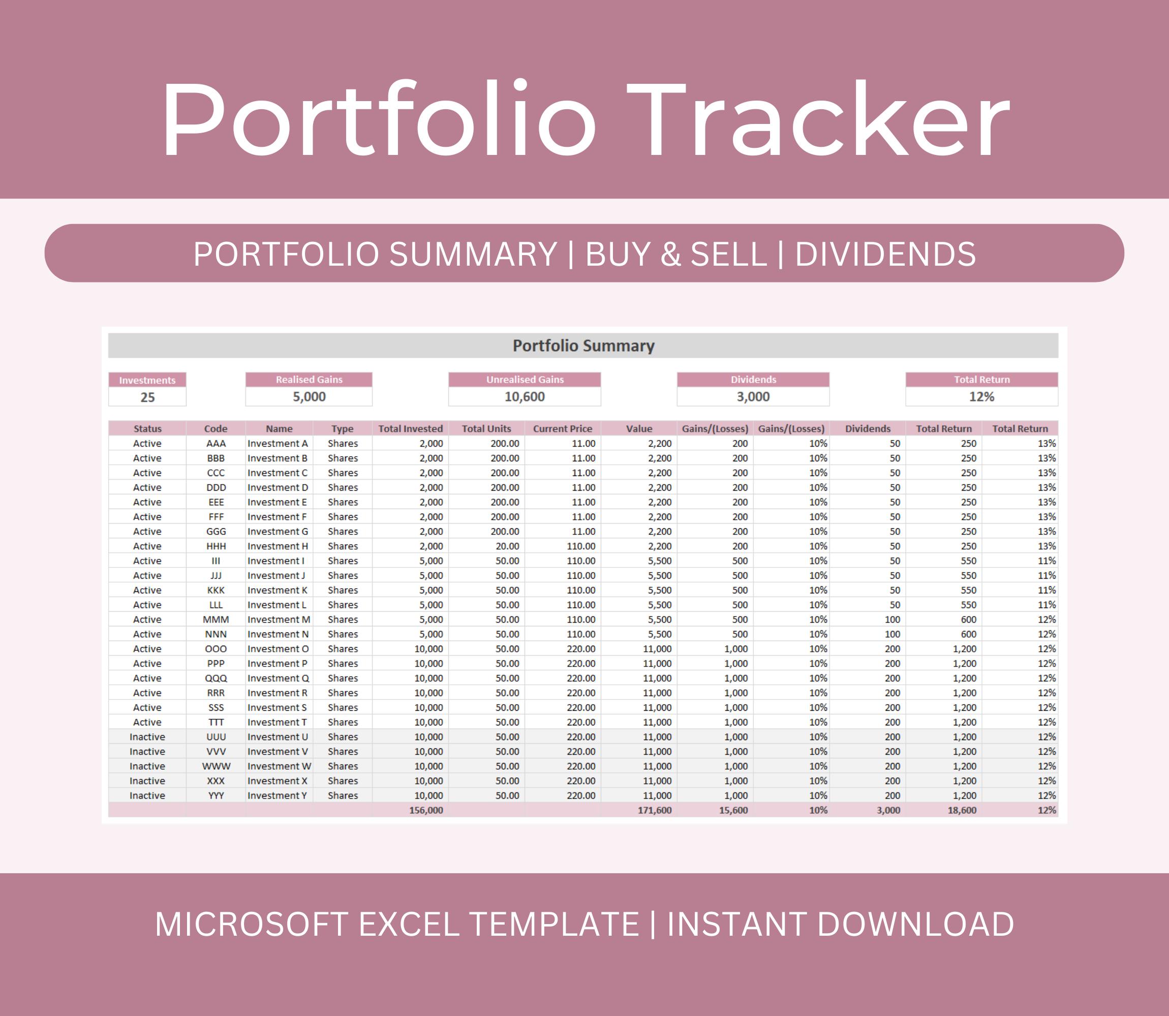 Investment Portfolio Tracker Spreadsheet Template for Microsoft Exce
