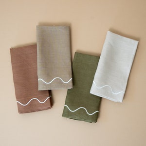Natural 100% Linen Napkins with Scalloped Embroidery - Set of Four. Weddings, Dinner Parties, Housewarming Gift.