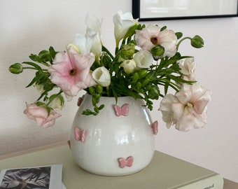 Handmade Ceramic Pink and White Butterfly Vase