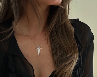 White Gold Filled Micro Box Chain Necklace with Bow Pendant