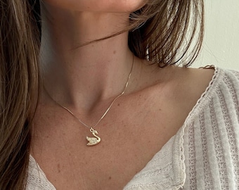 Gold Filled Box Chain Necklace with Swan Pendant