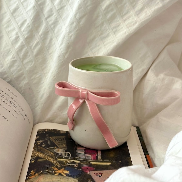 Handmade Ceramic Pink Bow Ribbon Cup. Coffee, Tea, Matcha Mug