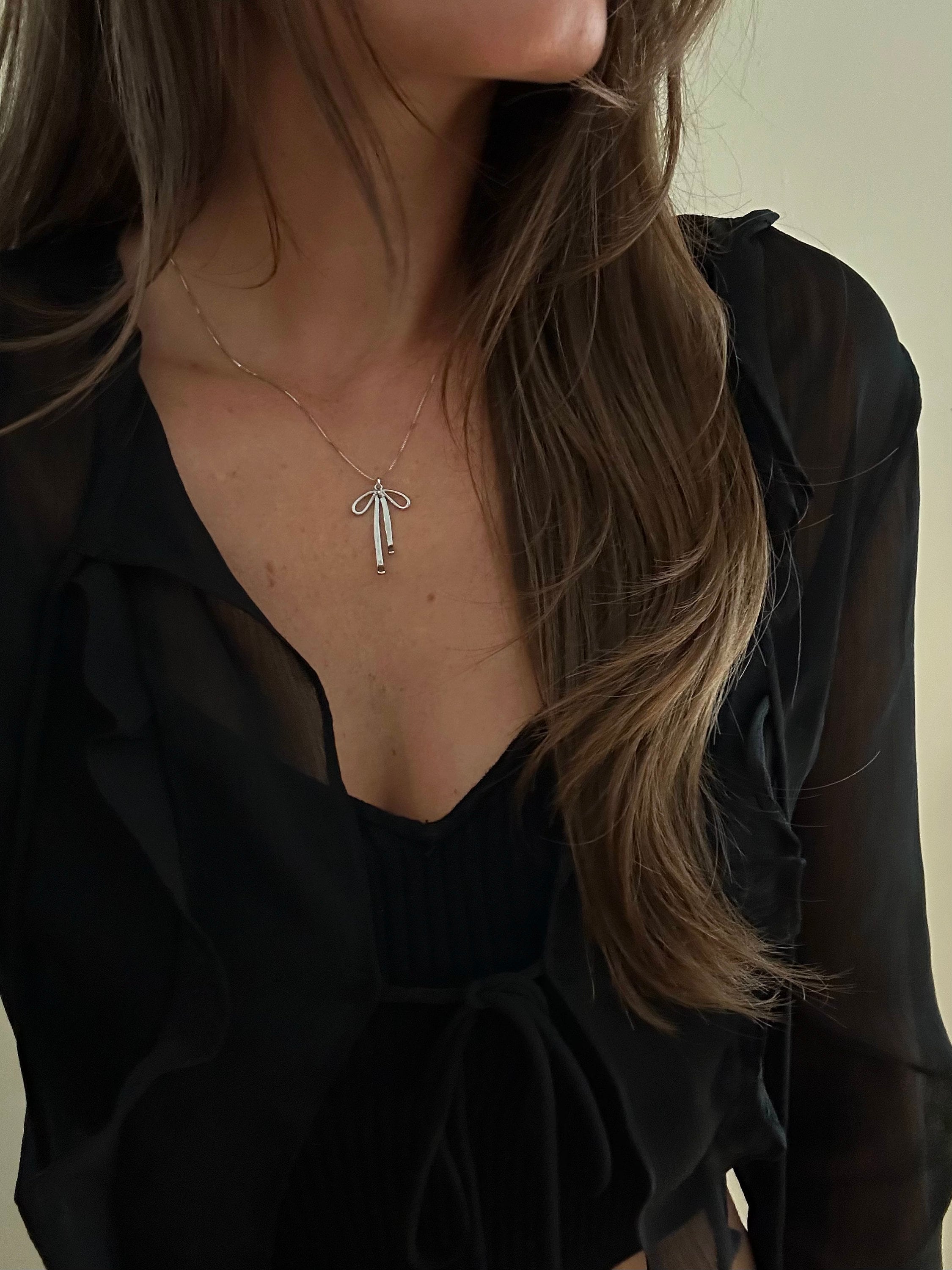 White Gold Filled Micro Box Chain Necklace with Bow Pendant