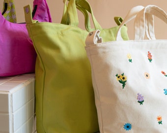Hombro de lona grande, bolso de mano crossbody - verde, crema con bordado floral