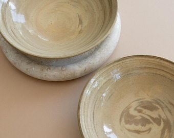 Handmade Ceramic Bowls with Beige and Brown Swirled Clay. Soup, Salad, Serving Size. Housewarming and Wedding Ceramic Gifts