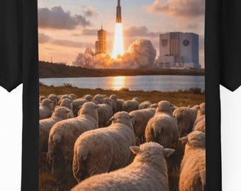 Sheep Watching Rocket Launch T-Shirt | Space Shuttle Sunset Landscape