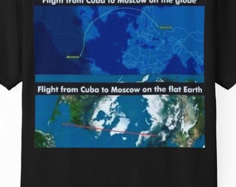 Cuba to Moscow Flight Map T-shirt | Globe vs Flat Earth Comparison