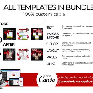 All templates included in the bundle are 100% customizable in Canva for free.  Change text, fonts, elements, layout, and colors, and add images and links to add personalization for your business.