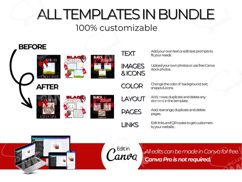 All templates included in the bundle are 100% customizable in Canva for free.  Change text, fonts, elements, layout, and colors, and add images and links to add personalization for your business.