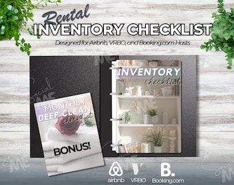 May include: A black binder with a white and gray cover. The cover has the text "Rental Inventory Checklist" and "Designed for Airbnb, VRBO, and Booking.com Hosts". The binder is open to reveal a page with the text "Inventory Checklist" and a photo of a white shelf with various items on it. The binder also has a page with the text "Monthly Deep Clean Checklist" and a photo of a stack of white towels with a red rose on top.
