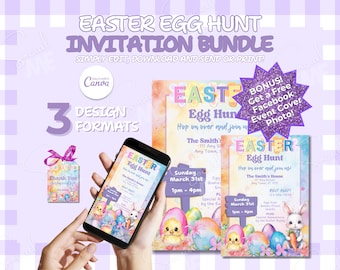 Editable Easter Egg Hunt Invitation, Bunny Design (Canva Template)