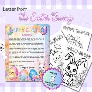 Carta personalizable del Conejito de Pascua Plantilla editable Nota personalizada del Conejito de Pascua y páginas para colorear para niños Ideas de cestas de Pascua