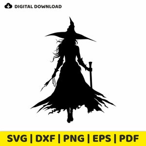 May include: Black silhouette of a witch with a pointed hat and long flowing dress holding a staff.