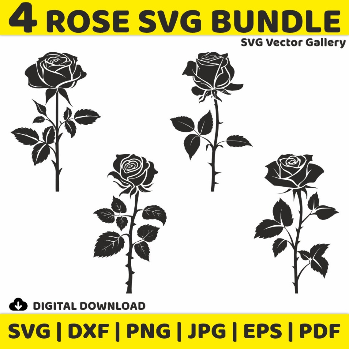 4 Rose SVG Bundle, Clipart, Image, Silhouette, Vector, Svg, Dxf, Png ...