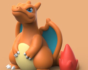 May include: A 3D-rendered orange and yellow cartoon character with a blue wing and a red flame tail. The character has a blue eye and a wide smile.