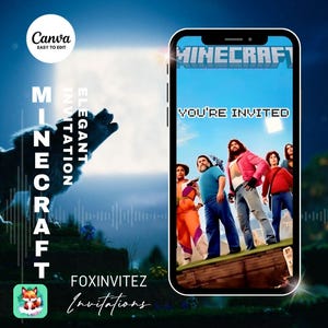 Könnte beinhalten: Eine digitale Einladung für eine Veranstaltung zum Thema Minecraft. Das Design zeigt ein Smartphone mit den Worten "Minecraft" und "You're Invited". Ein heulender Wolf und der Text "Elegant Invitation" sind ebenfalls enthalten. Die Einladung stammt von Foxinvitez.