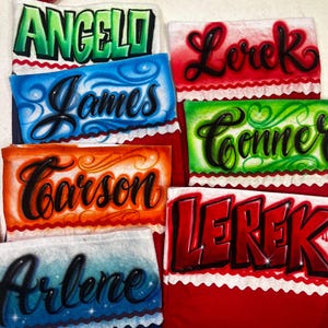 Airbrushed Christmas stocking custom names script bubble block any color
