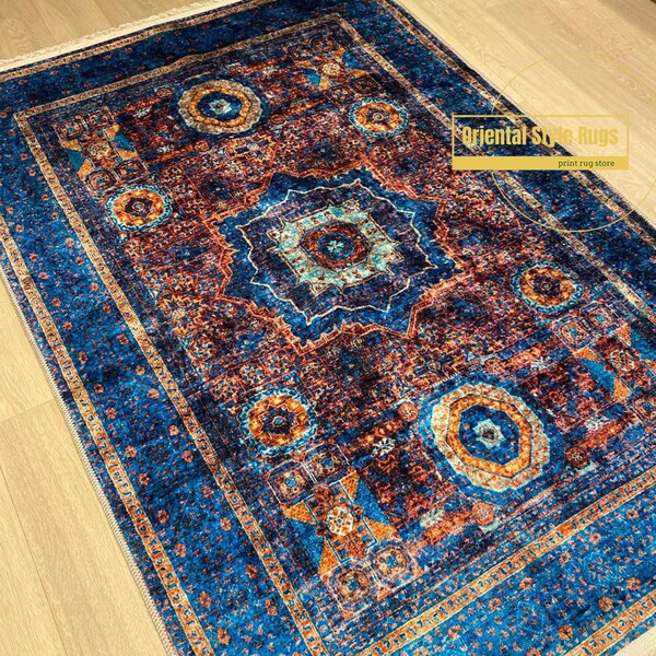 Blue Medallion rug, Afghan Rugs, Traditional Area Rug, Blue Area Rugs, Persian Style Living Room Rugs Mat NonSlip Washable Hallway Runners